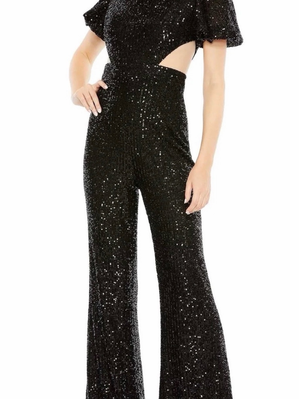 Mac Duggal Black Sequin Boot-Cut Jumpsuit with Side Cutouts